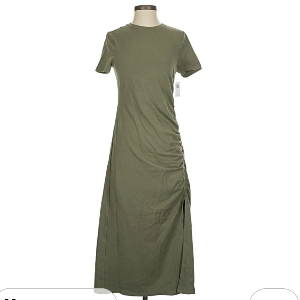 Old Navy Olive Green Midi Dress Cinch Slit Cotton Stretch L Nwt